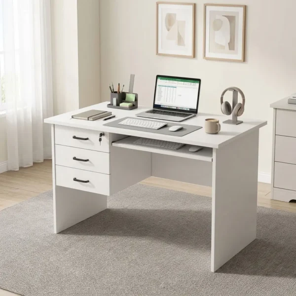 1.2m white computer table featuring a smooth white laminate finish, a rectangular work surface with a slide-out keyboard tray, an integrated side pedestal with three storage drawers, dark slim pull handles, a key lock on the top drawer, and a matching full modesty panel.
