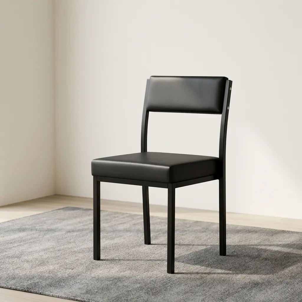 Leather stackable waiting chair featuring smooth black leatherette upholstery over a thick cushioned seat and padded backrest, built on a sturdy armless black powder-coated square steel frame.