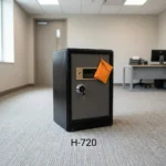70kg fireproof safe box featuring a heavy-duty dual-tone black and grey steel casing, a digital keypad with electronic combination access, a master key lock mechanism, multiple solid steel live-locking bolts, and an adjustable multi-tier interior storage compartment.