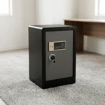70kg fireproof safe box featuring a heavy-duty dual-tone black and grey steel casing, a digital keypad with electronic combination access, a master key lock mechanism, multiple solid steel live-locking bolts, and an adjustable multi-tier interior storage compartment.