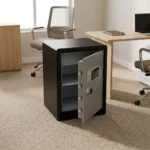 70kg fireproof safe box featuring a heavy-duty dual-tone black and grey steel casing, a digital keypad with electronic combination access, a master key lock mechanism, multiple solid steel live-locking bolts, and an adjustable multi-tier interior storage compartment.