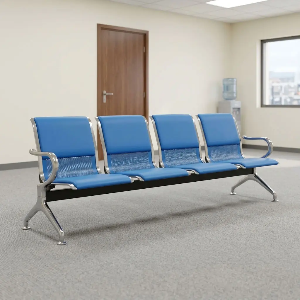 Blue 4-seater waiting bench featuring four contoured padded seats upholstered in vibrant blue leatherette with perforated back accents, mounted on a heavy-duty black crossbar beam, complemented by polished chrome side armrests and stable angled chrome legs.