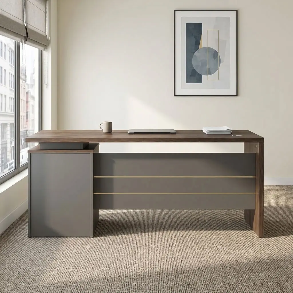 Advanced 1.6m executive table featuring a rich walnut laminate tabletop, an integrated matte grey side pedestal cabinet, a floating top design, and a modern grey modesty panel highlighted with thin gold accent stripes.