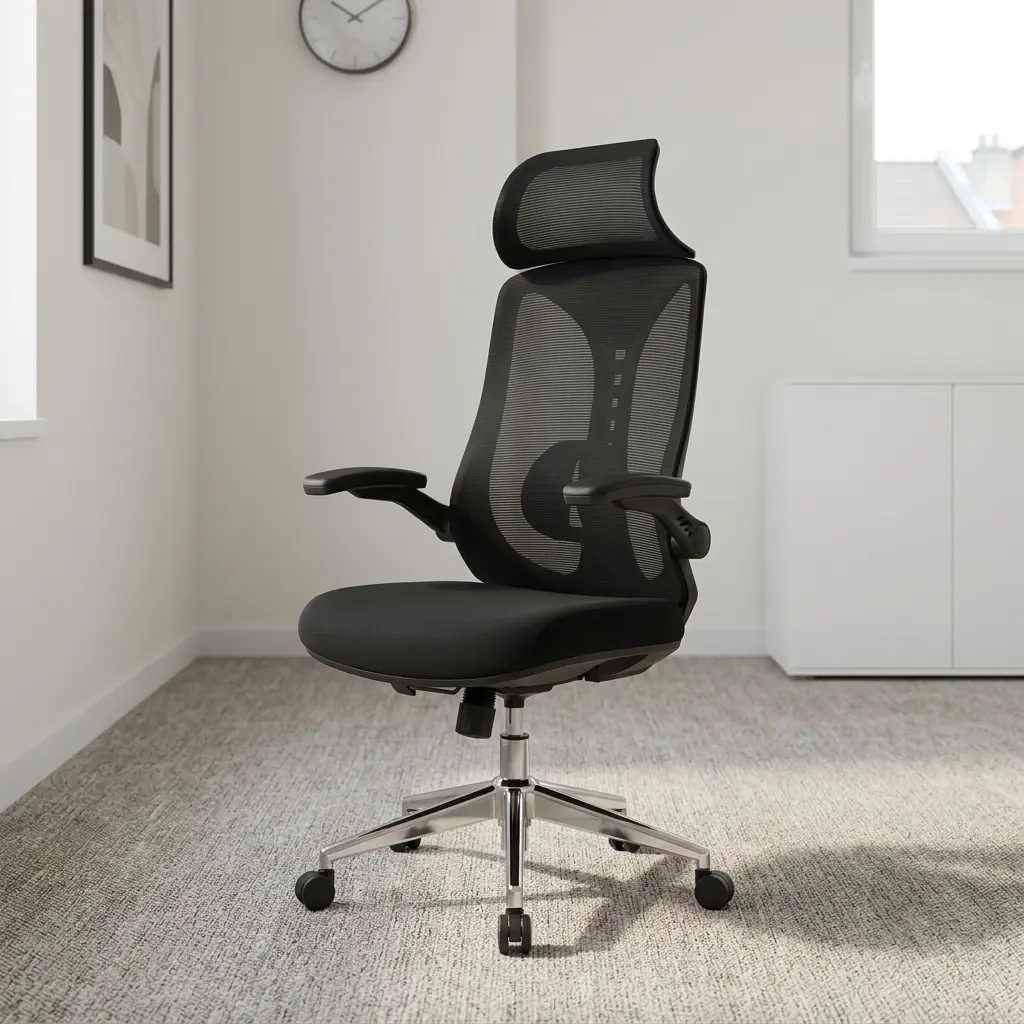 High back chair with flip arms featuring a breathable black mesh backrest with an integrated ergonomic lumbar support frame, an adjustable contoured mesh headrest, a cushioned black fabric seat, 90-degree flip-up armrests, a pneumatic height-adjustment lever, and a polished chrome five-star swivel base with smooth-rolling casters.