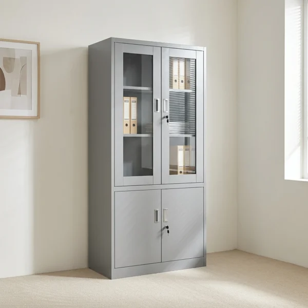 Vertical office file cabinet featuring a durable light grey powder-coated steel frame, upper dual glass display doors with three internal shelves, lower solid steel double doors for concealed storage, silver recessed handles, and independent key locks for both upper and lower compartments.