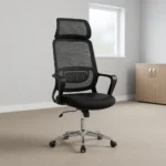 Mesh ergonomic office chair featuring a high backrest with breathable black mesh, an adjustable contoured mesh headrest, integrated lower lumbar support, a padded black fabric seat cushion, sleek black fixed armrests, a pneumatic height-adjustment lever, and a polished chrome five-star swivel base on smooth-rolling casters.