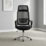 Mesh ergonomic office chair featuring a high backrest with breathable black mesh, an adjustable contoured mesh headrest, integrated lower lumbar support, a padded black fabric seat cushion, sleek black fixed armrests, a pneumatic height-adjustment lever, and a polished chrome five-star swivel base on smooth-rolling casters.