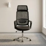 Mesh ergonomic office chair featuring a high backrest with breathable black mesh, an adjustable contoured mesh headrest, integrated lower lumbar support, a padded black fabric seat cushion, sleek black fixed armrests, a pneumatic height-adjustment lever, and a polished chrome five-star swivel base on smooth-rolling casters.