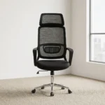 Mesh ergonomic office chair featuring a high backrest with breathable black mesh, an adjustable contoured mesh headrest, integrated lower lumbar support, a padded black fabric seat cushion, sleek black fixed armrests, a pneumatic height-adjustment lever, and a polished chrome five-star swivel base on smooth-rolling casters.