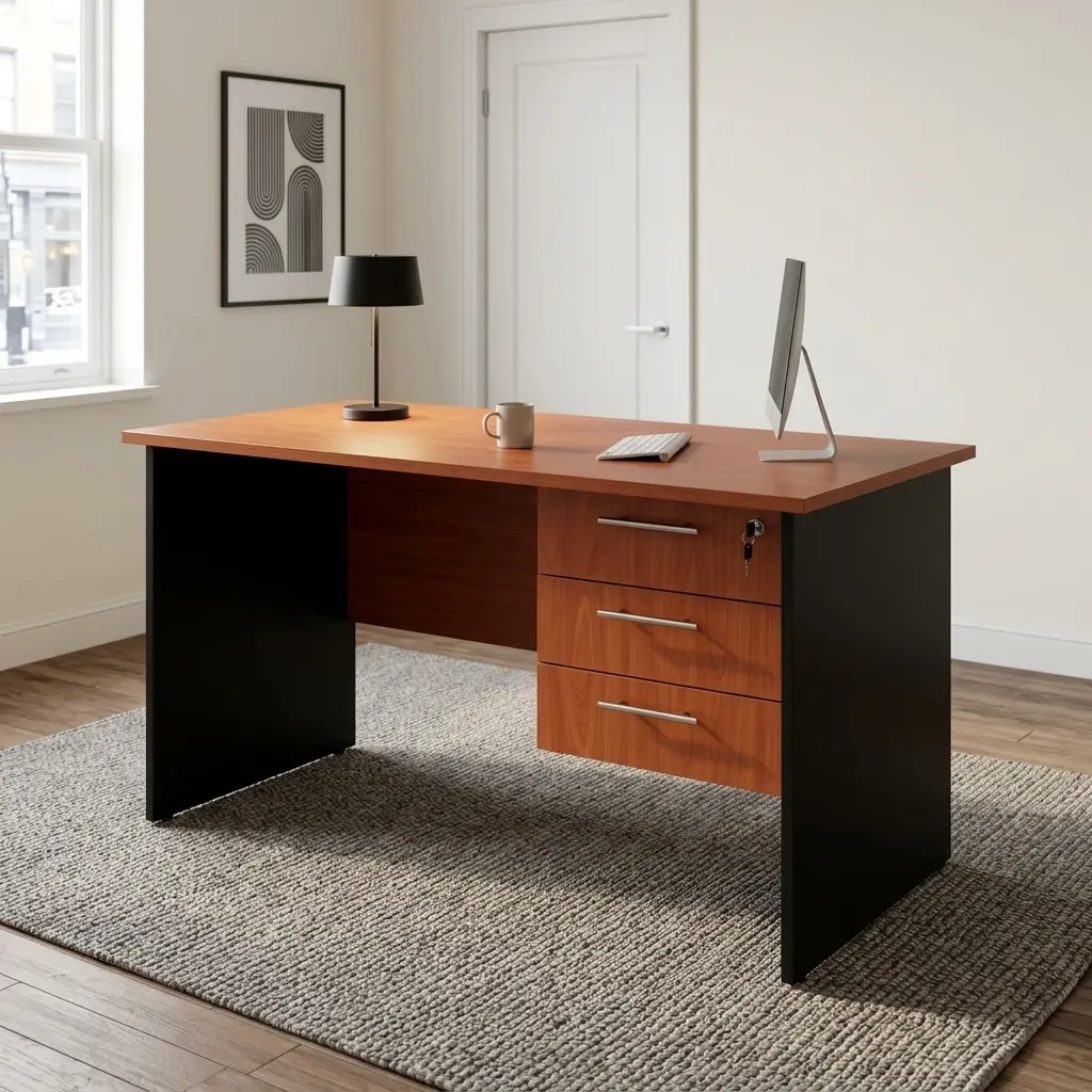 1.4m straight office table featuring a warm cherry wood laminate work surface, contrast dark charcoal side leg panels, an integrated side pedestal with three matching cherry wood drawers, sleek horizontal silver handles, a central key lock mechanism on the top drawer, and a partial modesty panel.