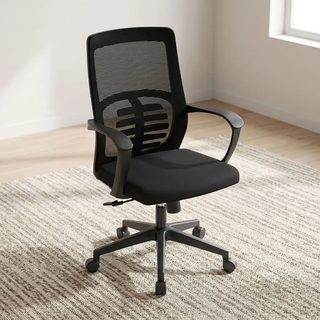 Medium back mesh office seat featuring a breathable black mesh backrest with a ribbed spine-style lower lumbar support frame, a thick cushioned black fabric seat, integrated T-shaped curved armrests, a pneumatic height-adjustment lever, and a durable black nylon five-star swivel base on smooth-rolling casters.