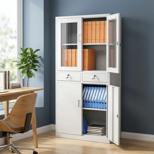 Metallic lockable office filing cabinet featuring a durable light grey steel construction, upper framed glass display doors with two internal shelves, two central lockable drawers with silver handles, lower solid steel storage doors with an adjustable interior shelf, and key lock mechanisms on all compartments.