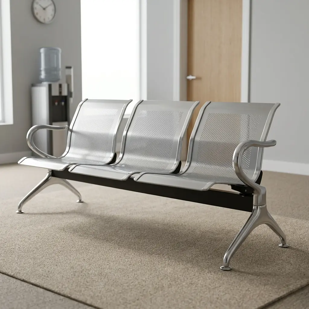 3-link metallic waiting bench featuring three contoured silver perforated steel seats with polished chrome borders, integrated side armrests, a heavy-duty black beam support bar, and flared chrome legs.