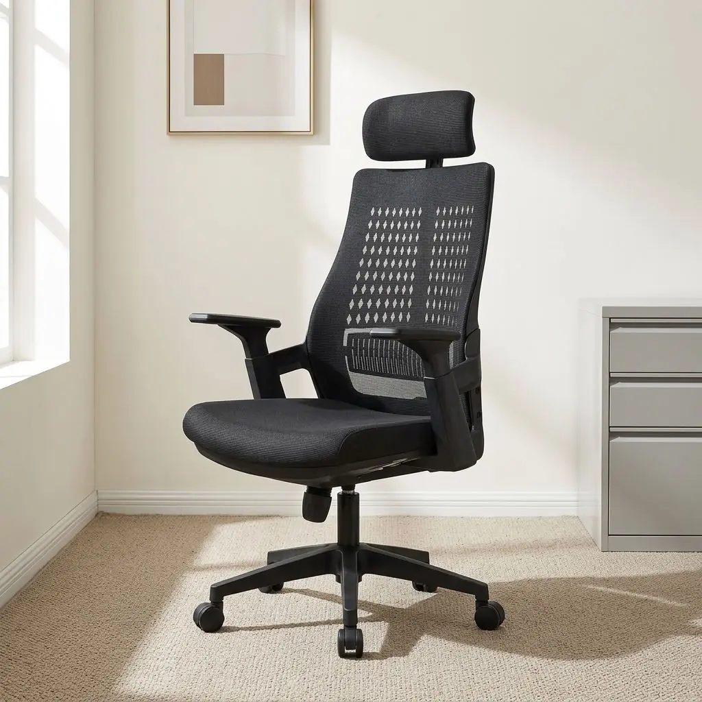 High-back mesh office seat featuring breathable dark grey mesh upholstery with a geometric diamond-patterned backrest design, an adjustable padded headrest, integrated lower lumbar support, T-shaped adjustable armrests, a cushioned dark grey fabric seat, a pneumatic height-adjustment mechanism, and a durable black five-star swivel base on smooth-rolling casters.