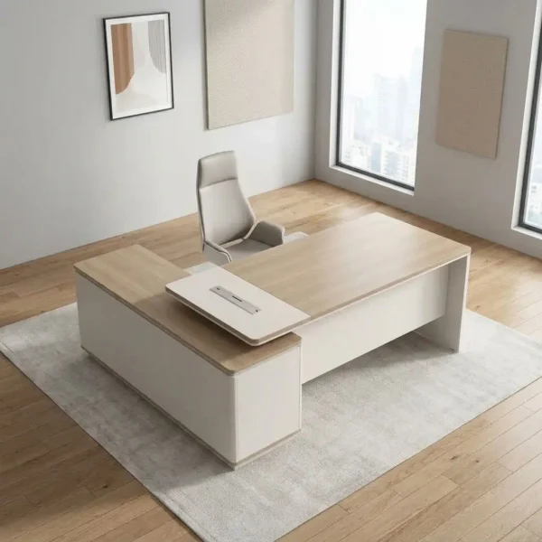 1.8m wooden executive desk featuring a natural light oak laminate tabletop, an off-white modesty panel and base, an integrated low-profile side return cabinet, an elevated desktop riser with built-in wire management flip-covers, and full panel leg supports.