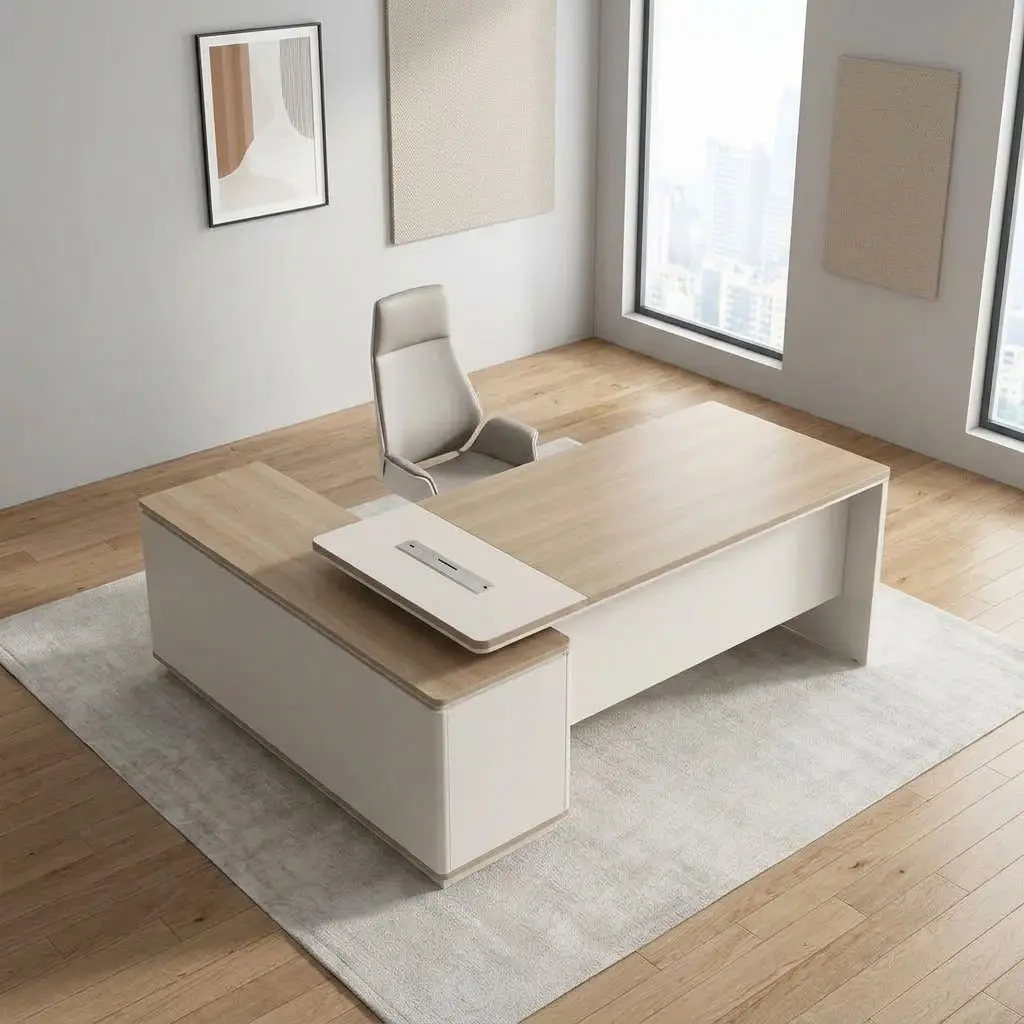 1.8m wooden executive desk featuring a natural light oak laminate tabletop, an off-white modesty panel and base, an integrated low-profile side return cabinet, an elevated desktop riser with built-in wire management flip-covers, and full panel leg supports.