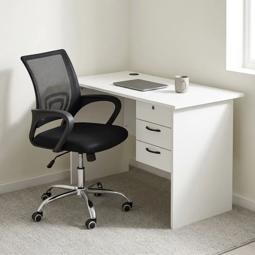 1.0m study desk & chair combo featuring a white laminate desk with an integrated cable grommet, a right-side 3-drawer pedestal with a top lock, black handles, and full side panel supports; paired with a black mesh swivel chair featuring built-in lumbar support, curved armrests, pneumatic height adjustment, and a chrome five-star base on casters.