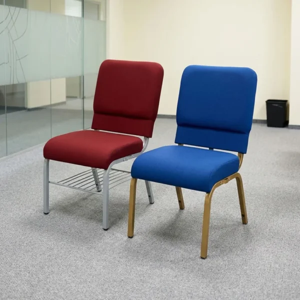 Modern stackable fabric chair featuring thick plush upholstery with a padded rectangular backrest and waterfall seat, an armless ergonomic profile, and options for a silver steel frame with an under-seat wire book rack or a wood-grain finish metal frame.