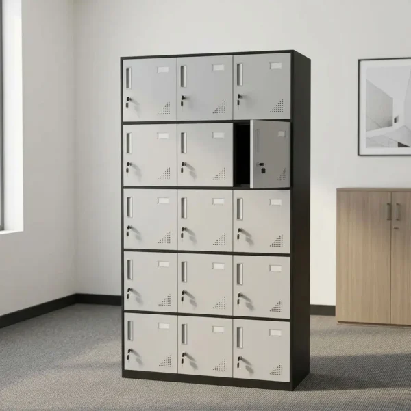 15-locker steel file cabinet featuring a durable two-tone powder-coated steel construction with a dark charcoal frame and light grey door panels, 15 individual locking compartments arranged in a 3x5 grid, integrated ventilation louvers, vertical recessed handles, card holder slots, and individual key lock mechanisms on each door.