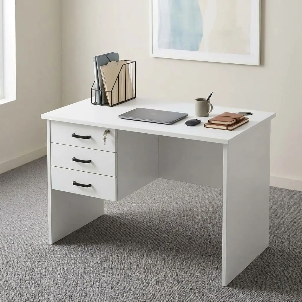 1.2m white study office desk featuring a clean matte white laminate desktop, a circular cable management grommet, an integrated three-drawer fixed pedestal with black horizontal pull handles and a top-drawer key lock mechanism, a full-length white modesty panel, and sturdy engineered wood side panel legs.