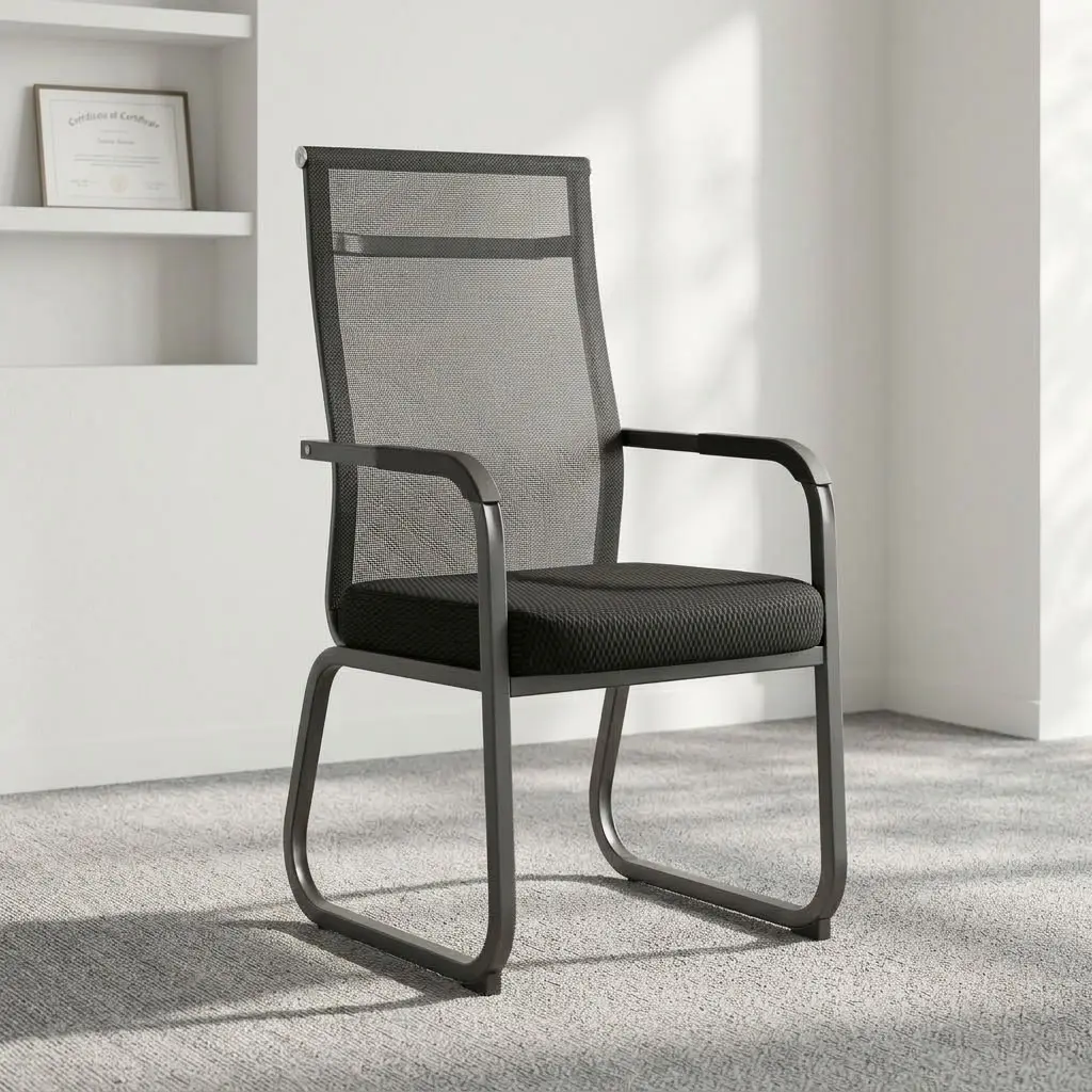 Mesh boardroom waiting chair featuring a breathable dark grey mesh high-backrest with lumbar accent striping, a thick textured black fabric cushioned seat, integrated curved armrests, and a sturdy powder-coated black metallic sled base.