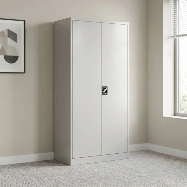 Lockable steel storage file cabinet featuring a durable light grey powder-coated steel frame, full-height dual hinged solid doors, four internal height-adjustable shelves providing five storage tiers, a recessed central locking swing handle with a key lock mechanism, and a reinforced floor base.