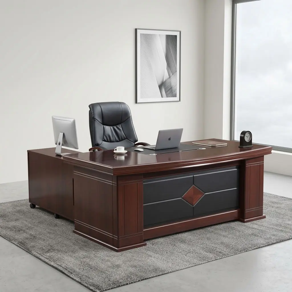 1400mm executive desk featuring a rich mahogany wood veneer finish with bevelled edge detailing, an inset black leatherette writing pad, dual desktop wire management grommets, an ornamental front modesty panel with black leatherette paneling and a center diamond wood accent, an integrated low-profile side return cabinet, and solid pedestal leg supports.