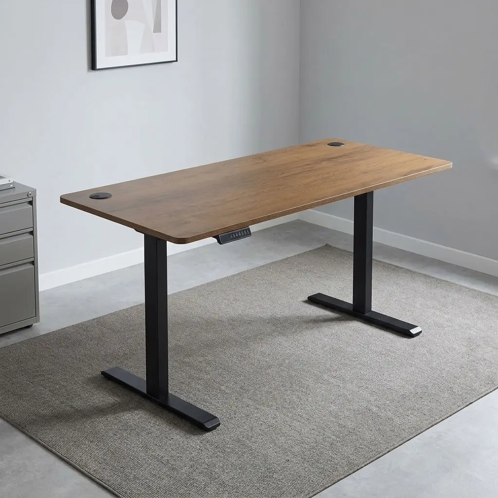 120cm height adjustable electric desk featuring a walnut wood-grain laminate rectangular tabletop with rounded corners, dual circular wire grommets, an under-desk digital keypad controller with programmable memory height presets, motorized elevation adjustment, and a heavy-duty black powder-coated steel T-frame base.
