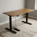 140cm height adjustable electric desk featuring a walnut wood-grain laminate rectangular tabletop with rounded corners, dual circular wire grommets, an under-desk digital keypad controller with programmable memory height presets, motorized elevation adjustment, and a heavy-duty black powder-coated steel T-frame base.