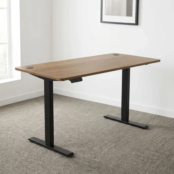 140cm height adjustable electric desk featuring a walnut wood-grain laminate rectangular tabletop with rounded corners, dual circular wire grommets, an under-desk digital keypad controller with programmable memory height presets, motorized elevation adjustment, and a heavy-duty black powder-coated steel T-frame base.