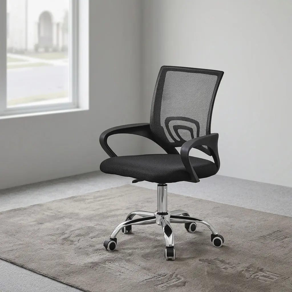 Office clerical mesh study chair featuring a breathable black mesh backrest with integrated lumbar support, a padded black fabric cushion seat, fixed curved armrests, a pneumatic seat-height adjustment lever, and a polished chrome five-star swivel base on smooth-rolling dual-wheel casters.