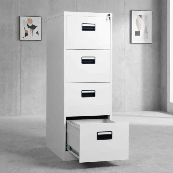 Steel 4 Drawer File Cabinet Keep important documents organized with a steel 4 drawer file cabinet designed for efficient storage in modern workplaces. Its four-drawer configuration provides dedicated space for files, folders, records, and office essentials. The professional design makes it suitable for corporate offices, schools, institutions, reception areas, and administrative departments. Four Spacious Drawers The four drawers provide convenient storage for organizing documents according to departments, projects, clients, or filing categories. Each drawer helps keep paperwork separated and accessible. Therefore, users can maintain a structured filing system while reducing clutter around desks and workstations. Durable Steel Construction Made from sturdy steel, this filing cabinet is designed for regular office use. Its robust construction provides dependable storage while maintaining a professional appearance. Moreover, the steel finish complements desks, workstations, office chairs, and other workplace furniture. Organized File Management A dedicated filing cabinet helps keep important paperwork in one convenient location. Users can arrange folders, documents, records, and stationery according to their individual requirements. In addition, organized storage makes it easier to locate essential information when needed. Space-Efficient Office Storage The cabinet provides useful storage capacity while making efficient use of available floor space. Its vertical drawer configuration is suitable for offices where space needs to be managed carefully. As a result, businesses can improve document organization without occupying unnecessary room. Versatile Workplace Use Use this steel file cabinet in corporate offices, schools, hospitals, institutions, reception areas, libraries, and administrative departments. Its versatile design supports different filing requirements and helps create a cleaner, more organized working environment. Professional Office Solution Whether furnishing a new workspace or upgrading existing storage, this 4 drawer steel file cabinet offers a practical solution for everyday document management. It combines durable construction, multiple drawers, efficient organization, and professional styling. Choose it to keep workplace records accessible, neatly arranged, and conveniently stored.
