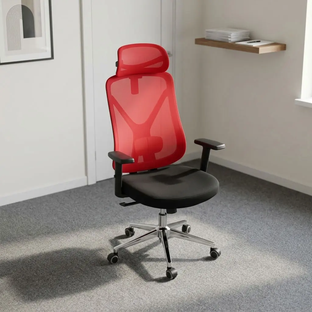 Red high back office seat featuring vibrant red breathable mesh upholstery, an adjustable mesh headrest and Y-shaped lumbar support frame, a cushioned black fabric seat, height-adjustable T-shaped armrests, pneumatic tilt and lift mechanisms, and a polished chrome five-star swivel base on dual-wheel casters.