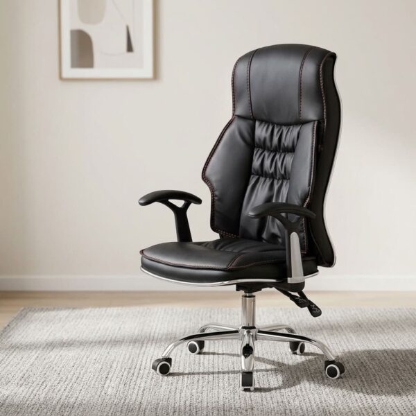 Recliner executive office chair featuring black leatherette upholstery with red accent stitching, an ergonomic high-back design with integrated lumbar side bolsters and headrest padding, padded curved armrests with silver accents, recline tilt and pneumatic height adjustment mechanisms, and a polished chrome five-star swivel base on smooth-rolling casters.