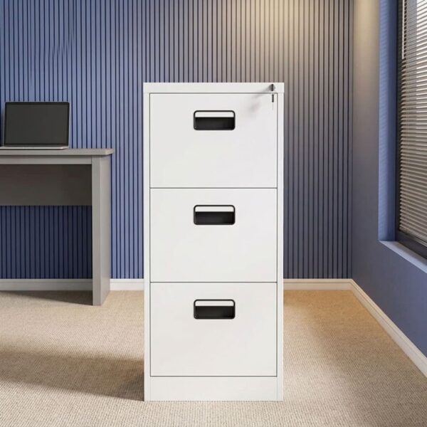 File cabinet with 3 drawers featuring a durable white powder-coated steel construction, three full-extension vertical filing drawers fitted for hanging folders, recessed black plastic handles with label holder slots, smooth ball-bearing drawer slides, and a top-drawer key locking system.