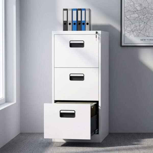 Steel 3 drawer file cabinet featuring a durable white powder-coated steel construction, three full-extension vertical filing drawers, recessed black plastic handles with label holder slots, smooth ball-bearing drawer slides, and a top-drawer central locking mechanism.
