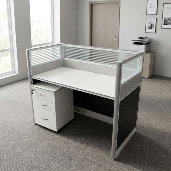 White single user workstation featuring a durable white laminate desktop, full-surround partition panels with frosted glass top inserts and dark textured acoustic lower panels, an under-desk mobile 3-drawer locking pedestal cabinet, and an anodized aluminum frame structure with integrated wire management.