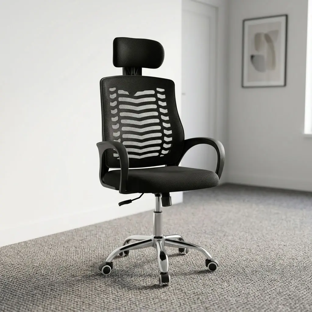 Office chair with headrest featuring breathable black mesh upholstery, an adjustable padded mesh headrest, an ergonomic spine-contoured backrest frame, a high-density black fabric cushion seat, fixed curved loop armrests, a pneumatic seat-height adjustment lever, and a polished chrome five-star swivel base on dual-wheel casters.
