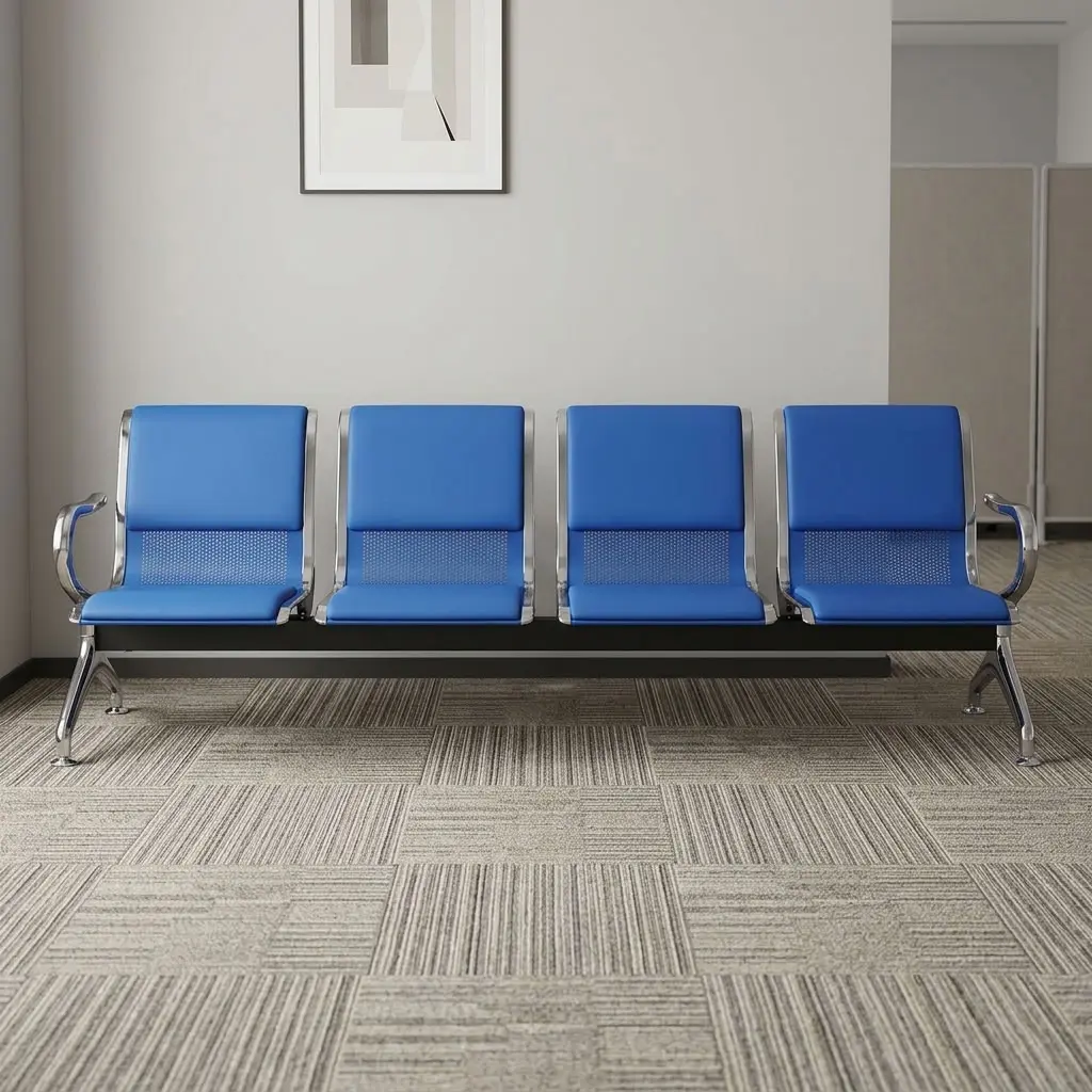 Blue 4-link reception bench featuring blue leatherette padded seat and back cushions over perforated metal shells, chrome-plated side armrests and borders, a heavy-duty black crossbeam support, and angled chrome legs with adjustable leveling feet.
