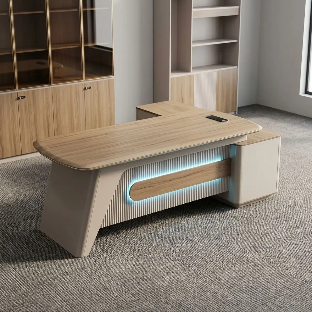 1.8m office table with led featuring a walnut laminate top with rounded brass-trimmed edges, a slatted front modesty panel with integrated blue ambient LED backlighting and walnut trim detail, a side-return storage cabinet, built-in desktop cable grommets, and angled pedestal legs.