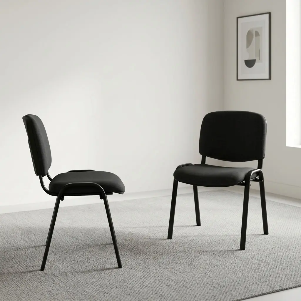 Stackable tosca chair(fabric) featuring durable black fabric upholstery over a cushioned seat and curved backrest, an armless space-saving stackable design, and a four-legged heavy-duty black powder-coated steel frame with protective plastic floor glides.