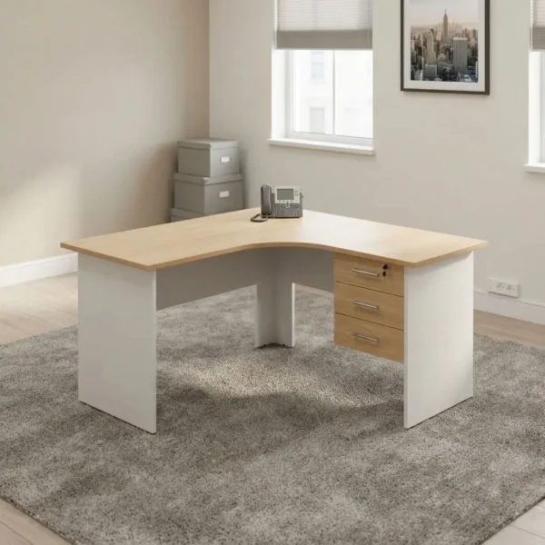 120cm wooden curved desk featuring a natural light oak laminate curved-corner tabletop, a three-drawer fixed pedestal with sleek metallic pull handles and top-drawer locking system, a white melamine modest panel, and a sturdy white engineered wood panel leg base.