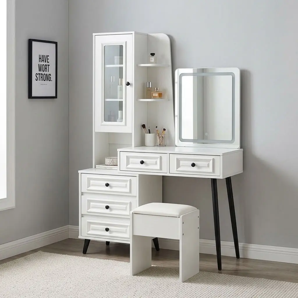 Modern dresser with led featuring a crisp white painted wood finish, a square vanity mirror with integrated border LED lighting, a tall side storage tower with a glass-front cabinet door and open corner display shelves, two main tabletop drawers and a secondary three-drawer side unit with round black knobs, a matching white padded stool, and splayed black tapered legs. Modern dresser with led featuring a crisp white painted wood finish, a square vanity mirror with integrated border LED lighting, a tall side storage tower with a glass-front cabinet door and open corner display shelves, two main tabletop drawers and a secondary three-drawer side unit with round black knobs, a matching white padded stool, and splayed black tapered legs.