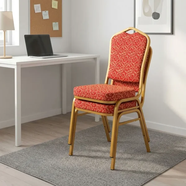 Fabric stackable conference chair featuring patterned red and gold patterned fabric upholstery, high-density padded seat and crown-back cushion, an armless space-saving stackable frame, an integrated top hand-hold, and a gold powder-coated square steel tube frame with bumper guards and floor glides.