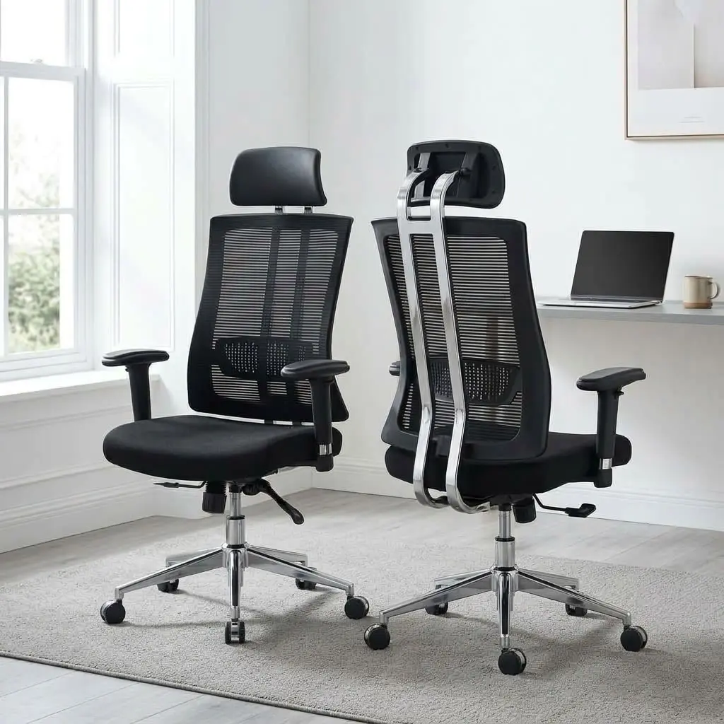 Office chair with lumbar support featuring breathable black mesh back upholstery over a high-density padded fabric seat, an adjustable headrest, an integrated lumbar support pad with chrome rear spine frame reinforcement, height-adjustable T-armrests, a pneumatic height-adjustment lever with tilt-tension control mechanism, and a polished chrome five-star swivel base on dual-wheel casters.