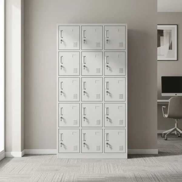 15-door steel locker cabinet featuring a durable light grey powder-coated steel frame, fifteen individual compartment doors arranged in a 3x5 grid, integrated ventilation louver slots, recessed label holders, individual key lock mechanisms with metal pull handles, and a reinforced floor-standing base.