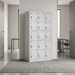 Steel 15-door locker cabinet featuring a durable light grey powder-coated steel frame, fifteen individual compartment doors arranged in a 3x5 grid with selectable open/closed doors, integrated ventilation louver slots, recessed label holders, individual key lock mechanisms with metal pull handles, and a reinforced floor-standing base.