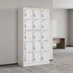 Steel 15-door locker cabinet featuring a durable light grey powder-coated steel frame, fifteen individual compartment doors arranged in a 3x5 grid with selectable open/closed doors, integrated ventilation louver slots, recessed label holders, individual key lock mechanisms with metal pull handles, and a reinforced floor-standing base.