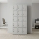 Steel 15-door locker cabinet featuring a durable light grey powder-coated steel frame, fifteen individual compartment doors arranged in a 3x5 grid with selectable open/closed doors, integrated ventilation louver slots, recessed label holders, individual key lock mechanisms with metal pull handles, and a reinforced floor-standing base.