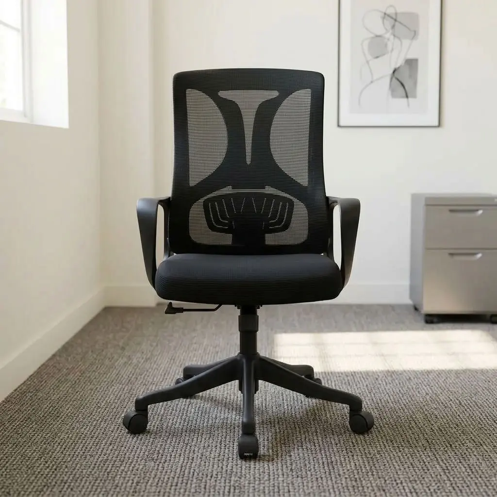 Mid-Back Mesh Staff Chair featuring breathable black mesh back upholstery over a contoured fabric padded seat cushion, a contoured Y-shaped back frame with integrated lumbar support pad, fixed curved black armrests, a pneumatic height-adjustment lever, and a heavy-duty black nylon five-star swivel base on dual-wheel casters.